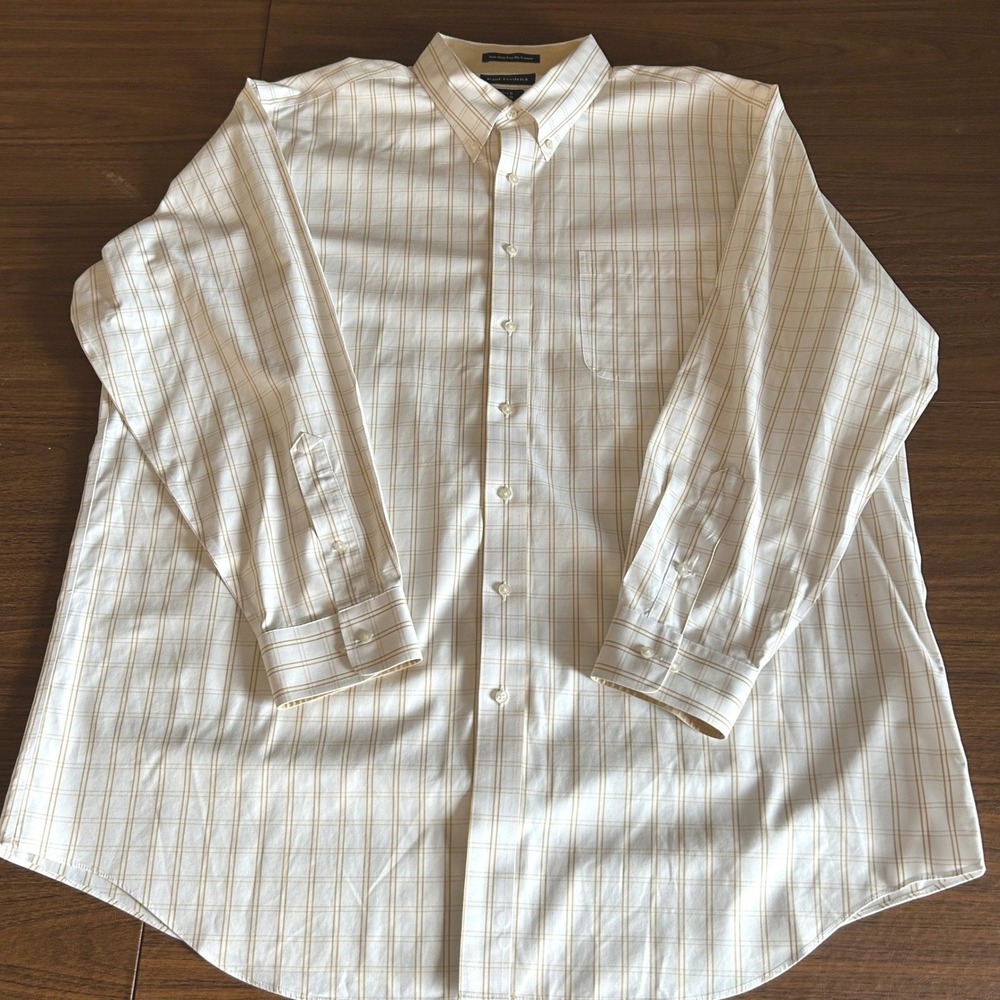 Paul Fredrick Dress Shirt Mens 18.5 x 36 White Gold Plaid Classic Fit Non-Iron